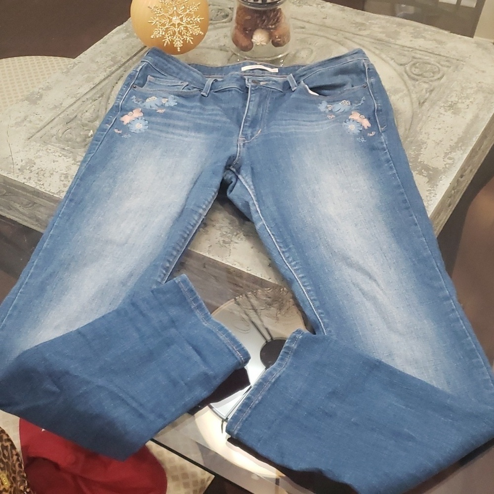 LEVI'S WOMEN'S MID RISE SKINNY FIT EMBROIDERY FLOWERS LIGHT WASH JEANS 32